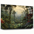 Acrylic glass wall art featuring a vibrant rainforest landscape design, displayed from a side view and secured with decorative pins, perfect for adding a tropical touch to home decor.