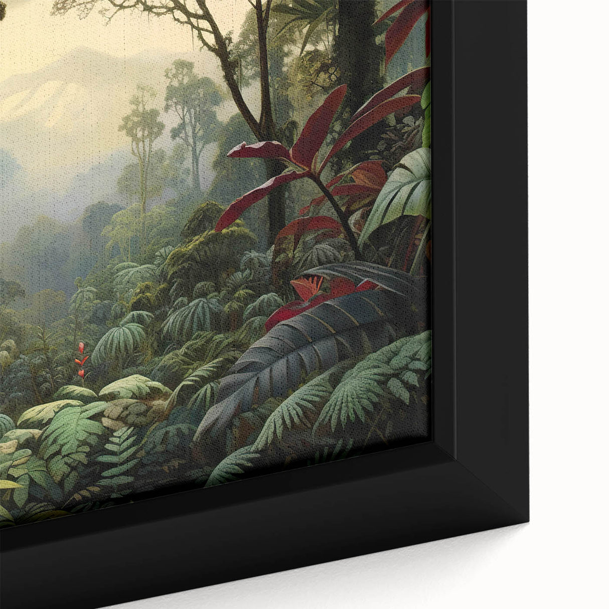 Close-up of a vibrant rainforest landscape artwork featuring lush green foliage and intricate details, framed for wall display, perfect for nature-inspired decor.