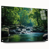 Vibrant acrylic glass wall art piece showcasing a lush rainforest landscape, framed elegantly with pins, ideal for adding a tropical touch to home decor.