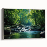 Framed canvas wall art showcasing a vibrant rainforest landscape design, featuring lush greenery and exotic flora, with a sleek silver frame for a modern touch.