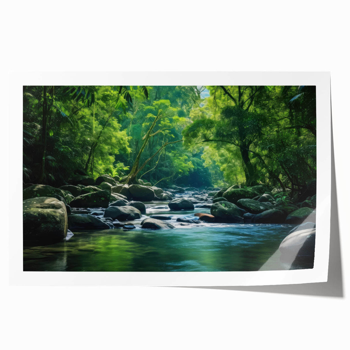 Vibrant rainforest landscape wall art print showcasing lush greenery and tropical foliage, rolled for easy shipping and display, perfect for nature enthusiasts.