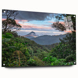 Acrylic glass wall art collection showcasing vibrant rainforest landscape design, displayed from a side view with decorative pins, perfect for nature-themed decor.