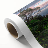 Vibrant rolled canvas showcasing a lush rainforest landscape design, featuring rich greens and tropical flora, ideal for home decor and nature enthusiasts.