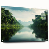 Acrylic glass wall art collection showcasing a vibrant rainforest landscape design, displayed from the side with visible mounting pins, ideal for nature enthusiasts.
