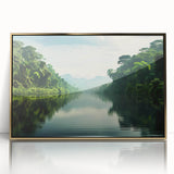 Framed acrylic wall art showcasing a vibrant rainforest landscape design with gold accents, perfect for modern home decor. Ideal for nature enthusiasts and art collectors.