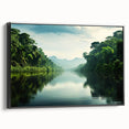 Framed canvas wall art showcasing a vibrant rainforest landscape design, featuring lush green foliage and intricate details, with a sleek black frame enhancing the artwork's beauty.