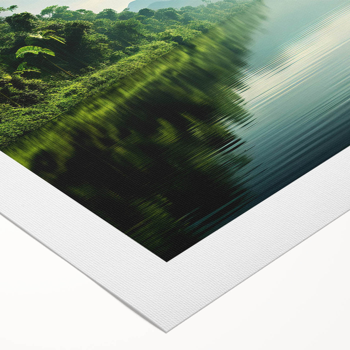Vibrant rainforest landscape wall art design on rolled canvas, showcasing lush greenery and vivid colors, ideal for adding a natural touch to home decor.