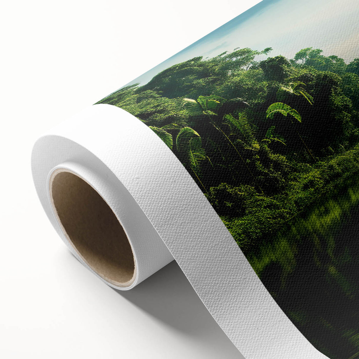 Vibrant rolled canvas artwork showcasing a lush rainforest landscape design, featuring rich greens and earthy tones, ideal for home decor or nature-themed spaces.