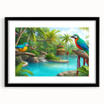 Framed rainforest landscape wall art collection featuring vibrant green foliage and rich textures, presented with a sleek black frame and mat, ideal for enhancing home decor.
