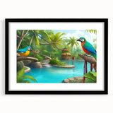 Framed rainforest landscape wall art collection featuring vibrant green foliage and rich textures, presented with a sleek black frame and mat, ideal for enhancing home decor.