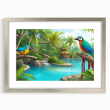 Framed wall art featuring a vibrant rainforest landscape design, showcasing lush greenery and vivid colors, elegantly displayed in a sleek silver frame with a mat. Ideal for nature enthusiasts and home decor, adding a touch of tranquility and style to any space.