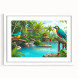 Framed wall art showcasing a vibrant rainforest landscape design with lush greenery and tropical elements, presented in a white mat for an elegant finish.