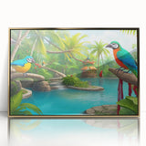 Framed acrylic wall art depicting a vibrant rainforest landscape with lush greenery and golden accents, ideal for modern home decor and nature enthusiasts.