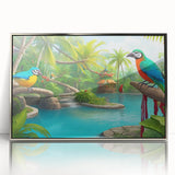 Framed acrylic wall art featuring a vibrant rainforest landscape with lush greenery and detailed foliage, elegantly showcased in a silver frame, ideal for nature-inspired decor.