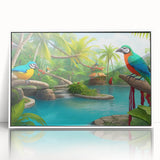Framed acrylic wall art depicting a vibrant rainforest landscape, showcasing lush greenery and detailed foliage, with a sleek white frame for a modern aesthetic.