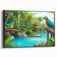 Framed canvas wall art showcasing a vibrant rainforest design with lush green foliage and exotic plants, featuring a sleek black frame for a modern touch.