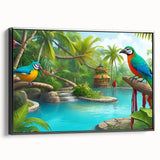 Framed canvas wall art showcasing a vibrant rainforest design with lush green foliage and exotic plants, featuring a sleek black frame for a modern touch.