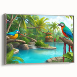 Framed canvas wall art showcasing a vibrant rainforest landscape design with lush greenery and intricate details, set in a sleek silver frame, ideal for enhancing home decor.