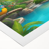 Vibrant rainforest landscape wall art on rolled canvas, showcasing lush green foliage and colorful flora, ideal for enhancing home decor with a tropical theme.