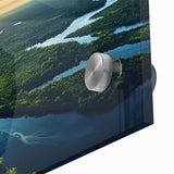 Close-up view of a vibrant rainforest wall art design featuring lush green foliage and colorful tropical flowers, printed on acrylic glass for a stunning, modern decor accent.