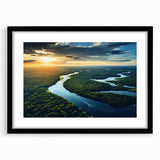 Framed rainforest landscape wall art with a black mat and sleek frame, showcasing vibrant greenery and natural beauty, perfect for home decor enhancement.