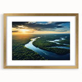 Framed wall art featuring a stunning rainforest landscape design with vibrant greens and gold accents, ideal for enhancing home decor and bringing nature indoors.