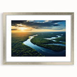 Framed silver mat wall art depicting a vibrant rainforest landscape, showcasing lush greenery and exotic flora, ideal for home decor and nature lovers.