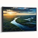 Framed canvas wall art depicting a vibrant rainforest landscape with lush greenery and tropical flora, showcased in a sleek black frame, perfect for home decor.