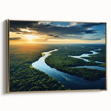 Framed canvas wall art featuring a vibrant rainforest landscape design with rich greens and gold accents, showcasing a side view of the artwork's elegant frame.