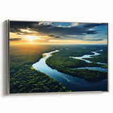 Framed canvas wall art showcasing a vibrant rainforest landscape design with lush greenery and intricate details, highlighted with a sleek silver frame for modern decor.