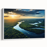 Framed canvas wall art depicting a lush rainforest landscape design, showcasing vibrant greens and earthy tones, perfect for nature-inspired home decor.
