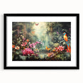 Framed rainforest landscape wall art featuring vibrant greenery and exotic plants, showcased in a sleek black frame with a white mat, ideal for home decor.
