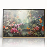 Framed acrylic wall art showcasing a vibrant rainforest landscape design with gold accents, ideal for enhancing home decor and bringing nature indoors.