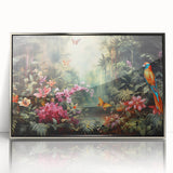 Framed acrylic wall art featuring a vibrant rainforest landscape design with lush green foliage and intricate details, set in a sleek silver frame for modern decor.