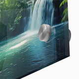 Close-up of a vibrant rainforest landscape wall art piece, showcasing rich greens and blues on acrylic glass, perfect for nature-inspired decor. This artwork captures the essence of tropical flora, bringing a refreshing touch to any space.