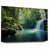 Acrylic glass wall art featuring a vibrant rainforest landscape design, showcasing lush greenery and tropical plants, ideal for nature-themed decor.