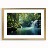Framed wall art showcasing a vibrant rainforest landscape design, featuring lush green foliage and rich gold accents in a sleek mat, ideal for home decor.