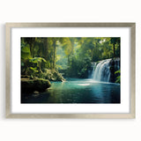 Framed rainforest landscape wall art in a sleek silver frame with a mat, showcasing vibrant greens and earthy tones, perfect for home decor enhancement.