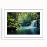Framed wall art featuring a vibrant rainforest landscape design with lush greenery and tropical colors, presented with a white mat for an elegant finish, ideal for home decor.