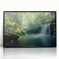 Framed acrylic wall art featuring a vibrant rainforest landscape design, showcasing rich green foliage and a serene atmosphere, presented in a sleek black frame.