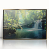 Framed acrylic wall art featuring a vibrant rainforest landscape design with rich greens and gold accents, ideal for enhancing modern interior decor.