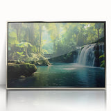 Framed acrylic wall art of a vibrant rainforest landscape, showcasing lush greenery and rich colors, presented in a sleek silver frame to enhance any decor.