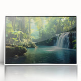 Framed acrylic wall art depicting a vibrant rainforest landscape with lush greenery, showcasing intricate details and vivid colors, ideal for nature-inspired decor.