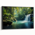 Framed canvas wall art showcasing a vibrant rainforest landscape with lush greenery and colorful flora, presented in a sleek black frame for a modern touch.