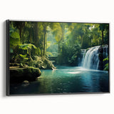 Framed canvas wall art showcasing a vibrant rainforest landscape with lush greenery and colorful flora, presented in a sleek black frame for a modern touch.