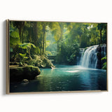 Framed canvas wall art featuring a vibrant rainforest landscape design, showcasing lush greenery and gold accents, ideal for enhancing home decor with a touch of nature.
