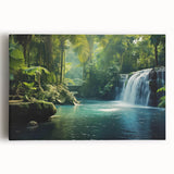 Vibrant stretched canvas wall art showcasing a lush rainforest landscape with vivid greens and blues, perfect for nature lovers seeking to enhance their decor.