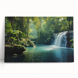 Vibrant rainforest landscape wall art design printed on stretched canvas, showcasing lush greenery and rich colors, perfect for enhancing home decor.