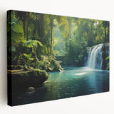 Stretched canvas artwork showcasing a vibrant rainforest landscape design, featuring lush greenery and vivid colors, ideal for enhancing home decor with a tropical theme.