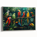 Framed canvas wall art showcasing a vibrant rainforest landscape, featuring lush greenery and rich colors, elegantly displayed with a sleek silver frame. This piece adds a touch of nature-inspired elegance to any room decor.